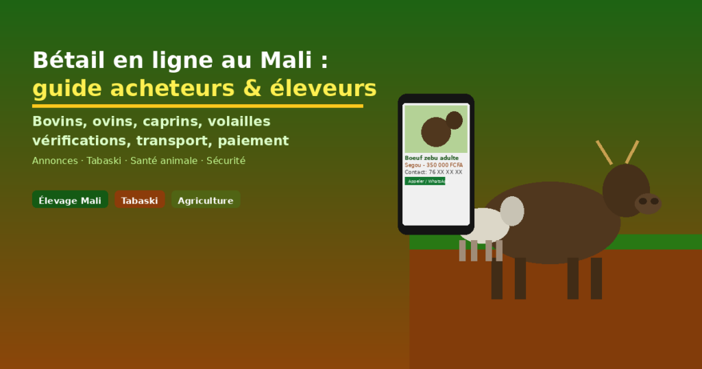 Bœuf et mouton au Mali avec smartphone affichant une annonce de vente de bétail en ligne — guide acheteurs et éleveurs