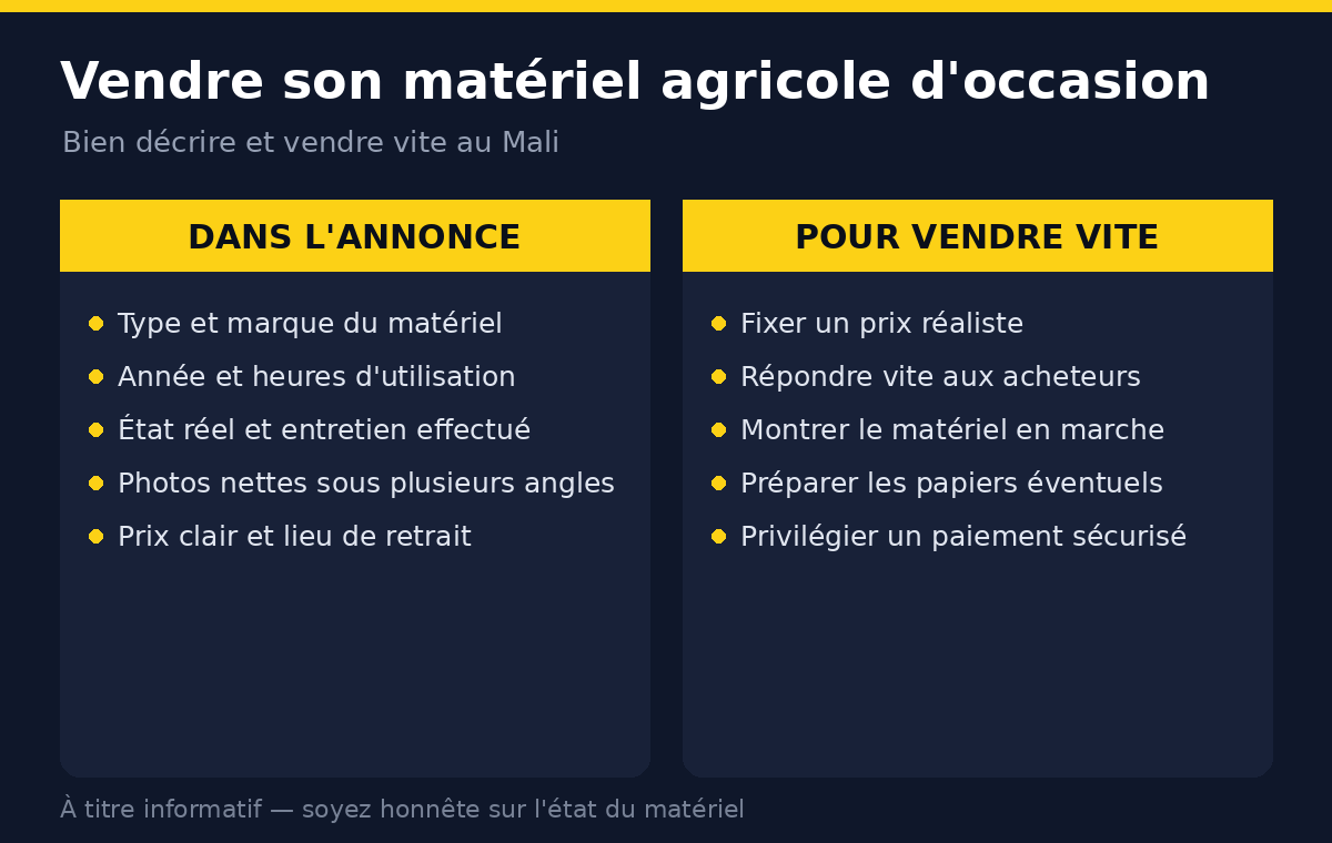 Ce qu'il faut mettre dans l'annonce pour vendre vite son matériel agricole d'occasion au Mali