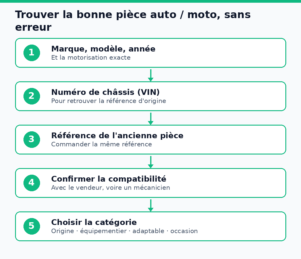 Schéma pour trouver la bonne pièce auto ou moto au Mali : modèle, numéro de châssis, référence, compatibilité, catégorie