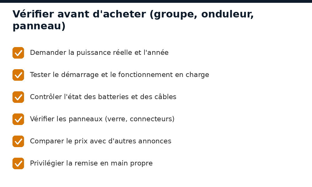 Checklist à vérifier avant d'acheter un groupe, un onduleur ou un panneau solaire d'occasion au Mali
