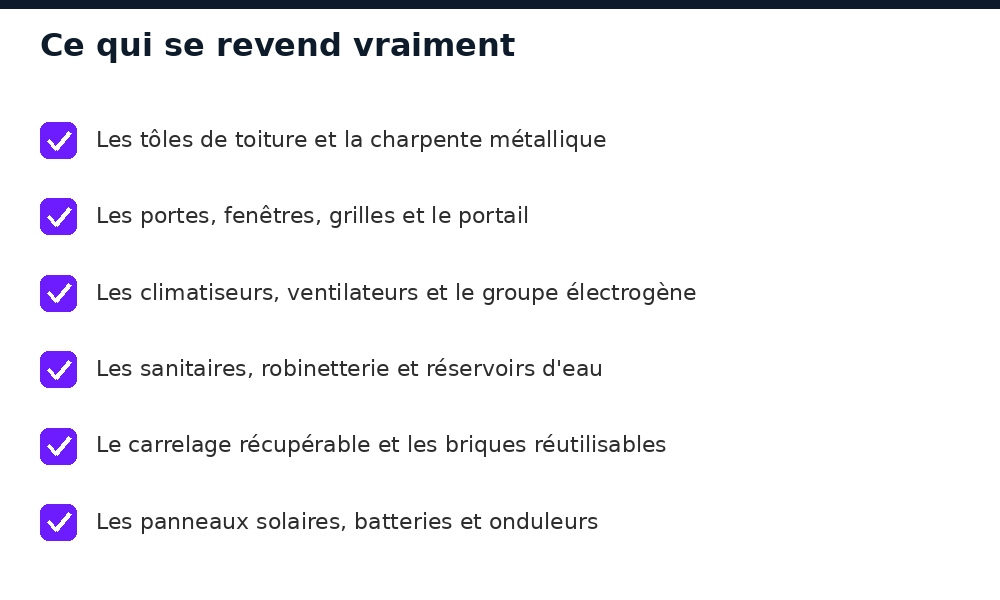 Liste des équipements qui se revendent avant une démolition : tôles, portes, fenêtres, climatiseurs, sanitaires