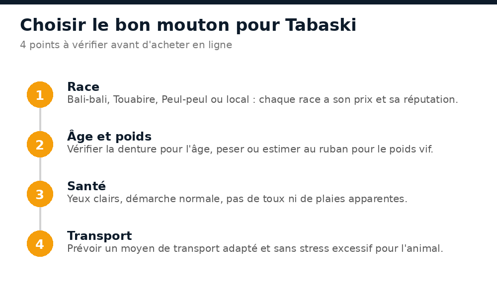 Infographie des critères pour choisir un mouton de Tabaski : race, âge, poids, santé, transport