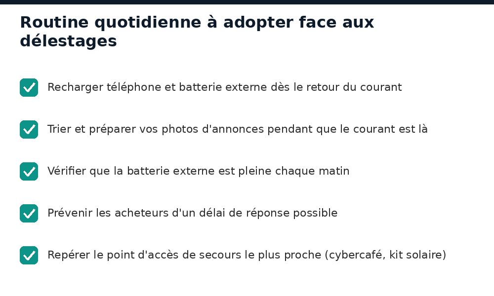 Routine quotidienne pour vendre ses annonces malgré les délestages à Bamako : batterie, photos, réponses rapides
