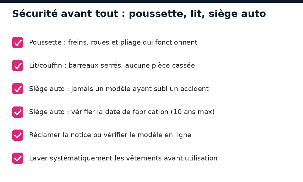 Checklist de sécurité pour poussette, lit et siège auto d'occasion au Mali
