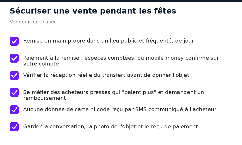 Checklist pour sécuriser une vente en ligne pendant les fêtes au Mali : remise en lieu public, paiement vérifié