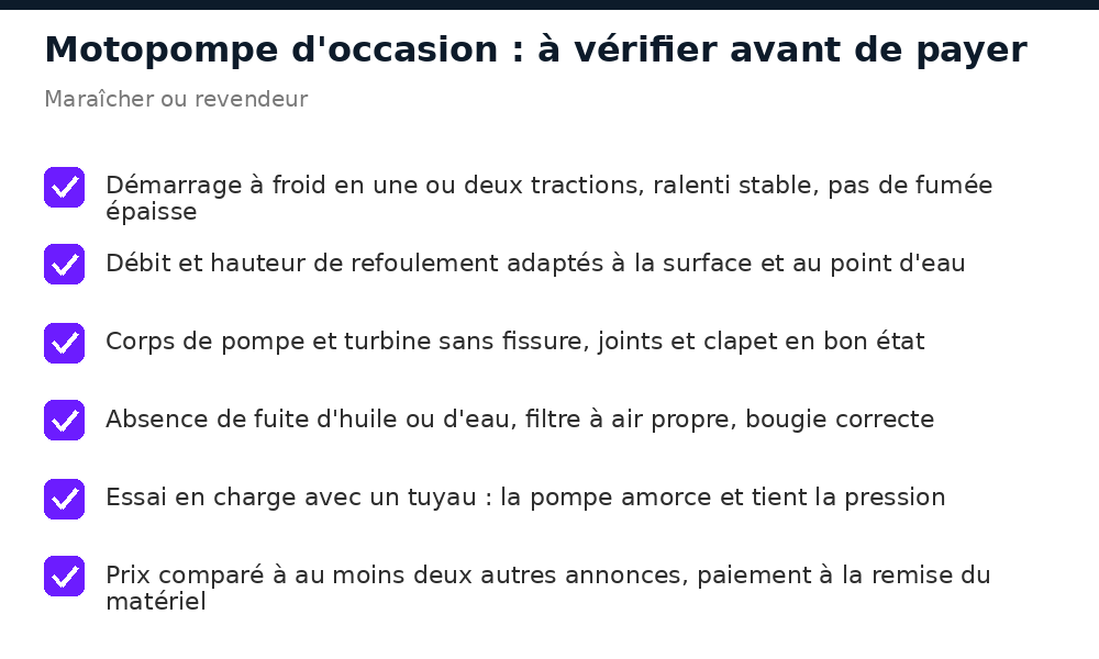 Checklist pour vérifier une motopompe d'occasion avant l'achat au Mali : démarrage, débit, fuites, essai en charge