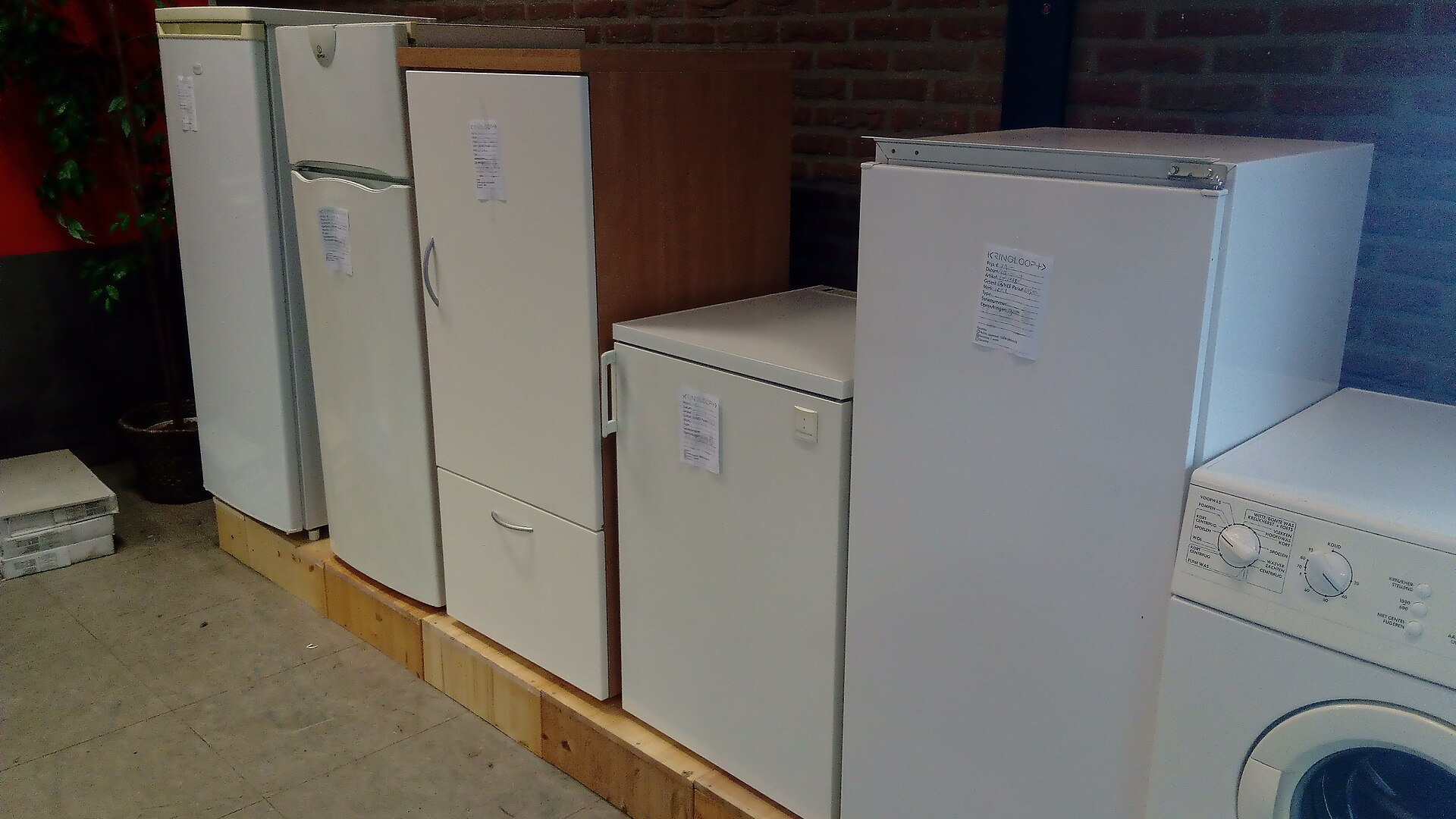 Réfrigérateurs et lave-linge d'occasion alignés dans une boutique de seconde main